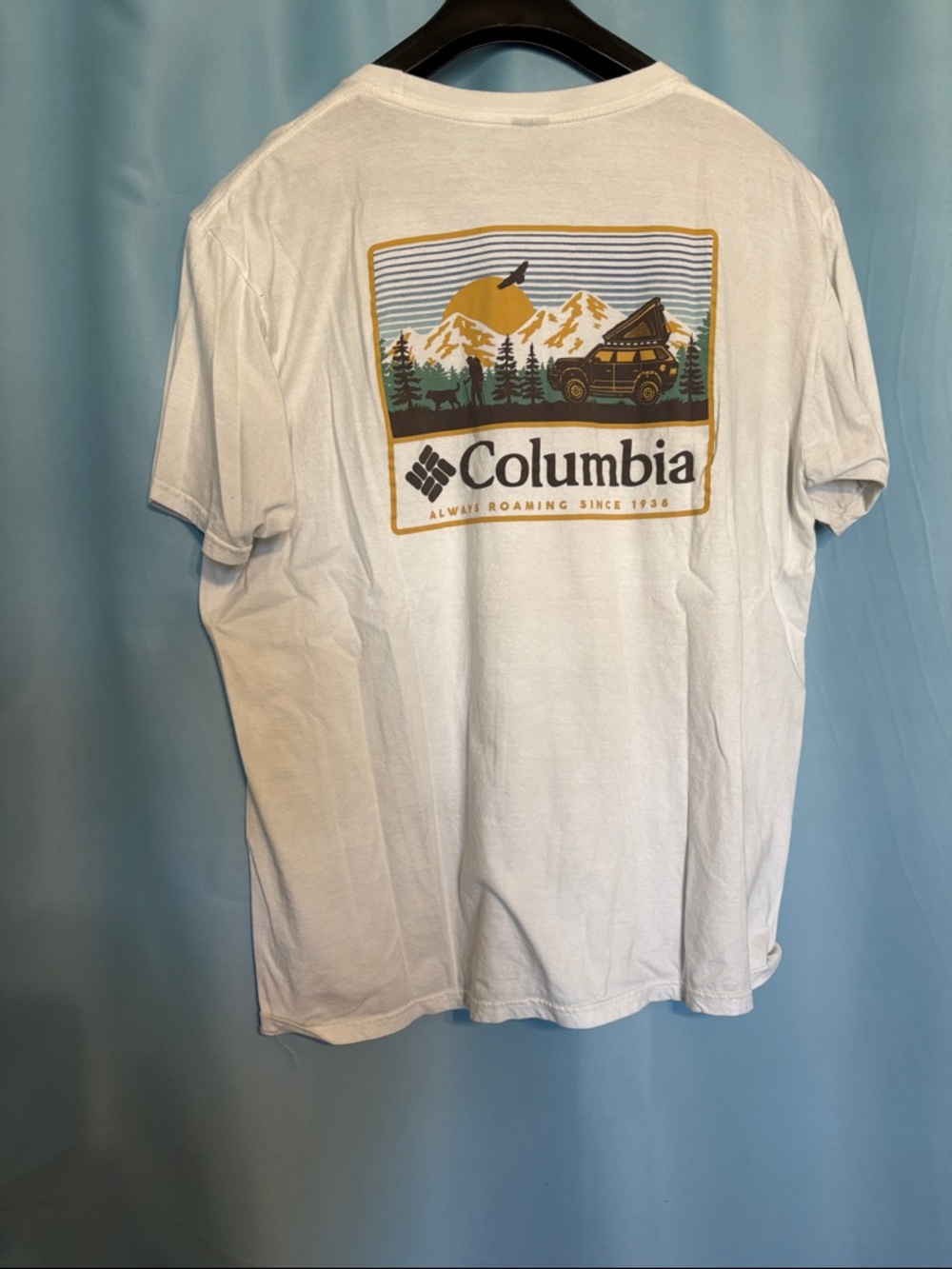 Columbia White Short-Sleeve Tee with Yellow and Green Outdoor Graphic
